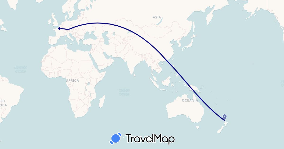 TravelMap itinerary: driving in Germany, France, Hong Kong, New Zealand (Asia, Europe, Oceania)